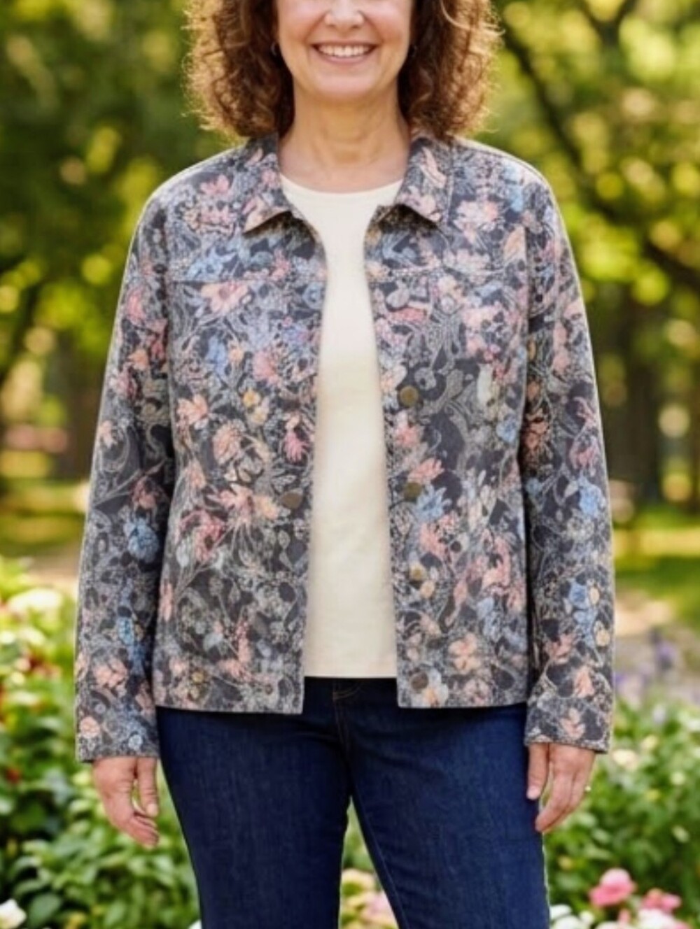 CHRISTOPHER & BANKS.. Floral-Print Jean Jacket in Gray with Pastel Accents.